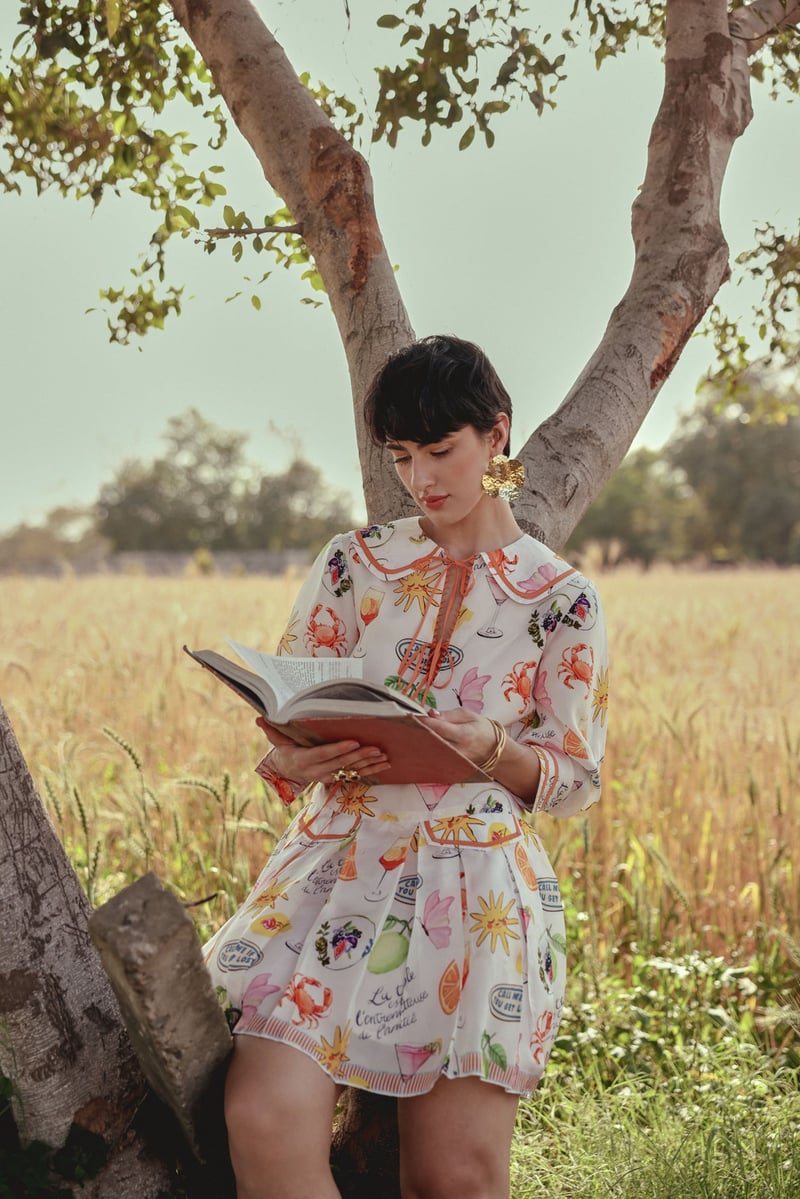 Blush Pink Printed Silk Mini Dress with Peter Pan Collar