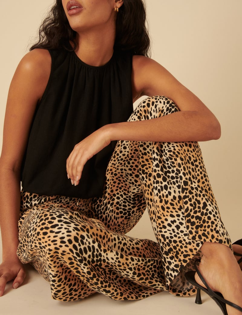 Beige Leopard Print Wide-Leg Drawstring Trousers