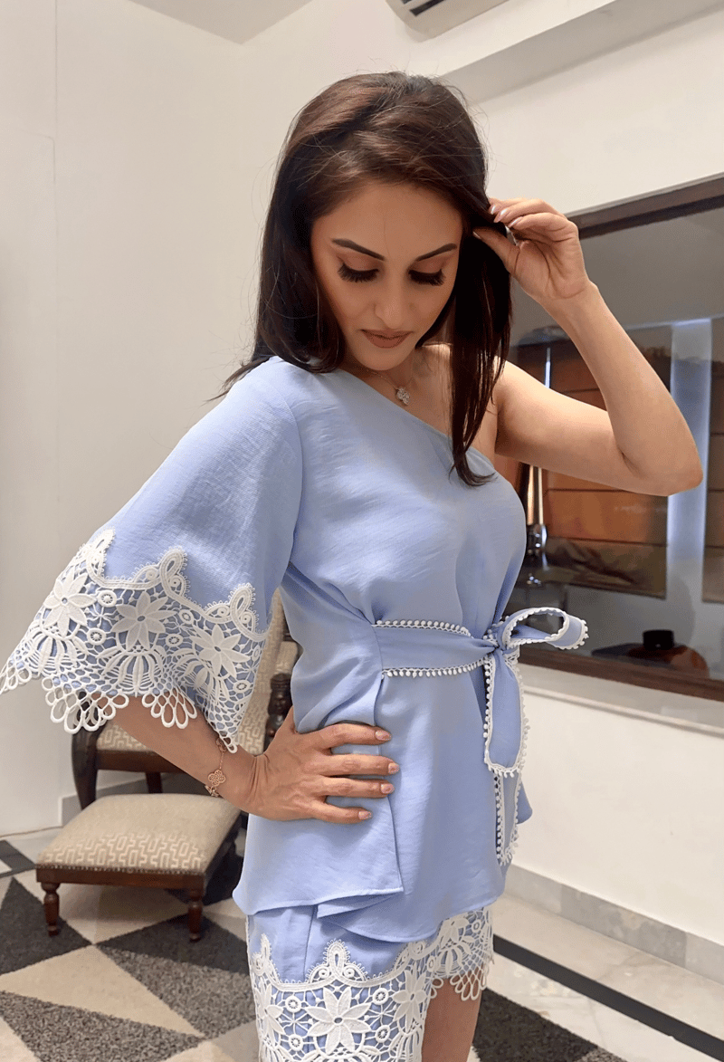 Powder Blue One-Shoulder Top and Shorts Co-ord Set
