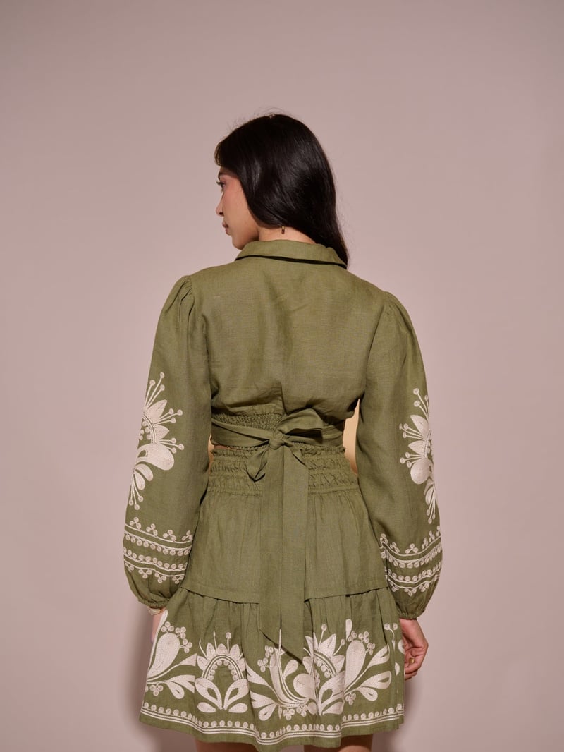 Green Linen Crop Top with Embroidered Sleeves