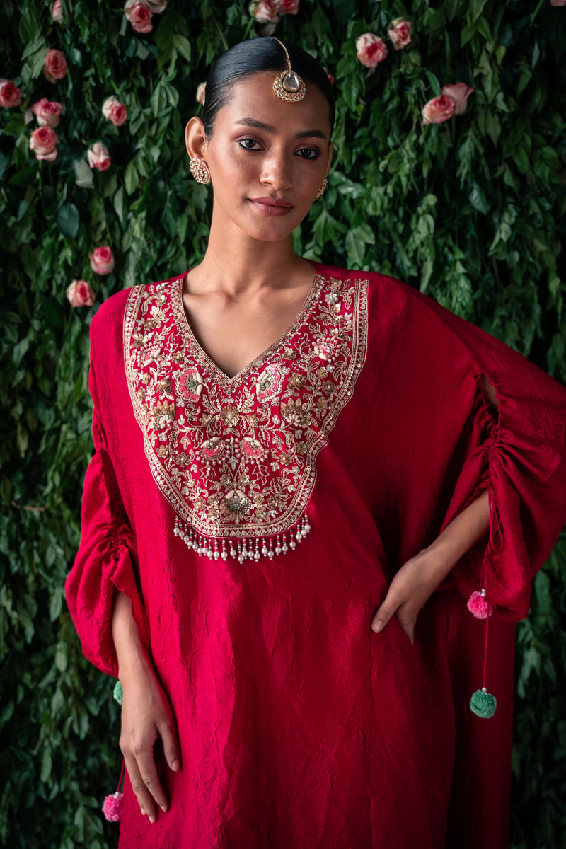 Maroon Embroidered Kaftan Kurta Set with Harem Pants