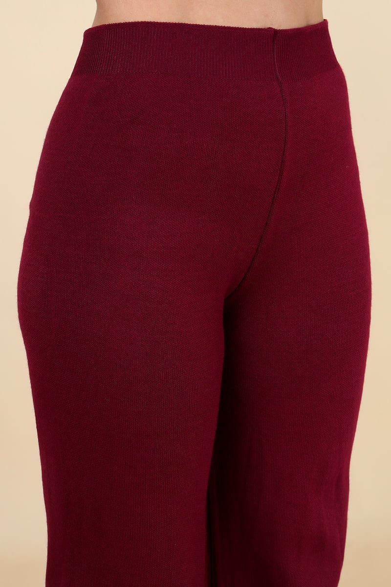 Burgundy Knit Cardigan and Wide-Leg Pants Co-ord Set
