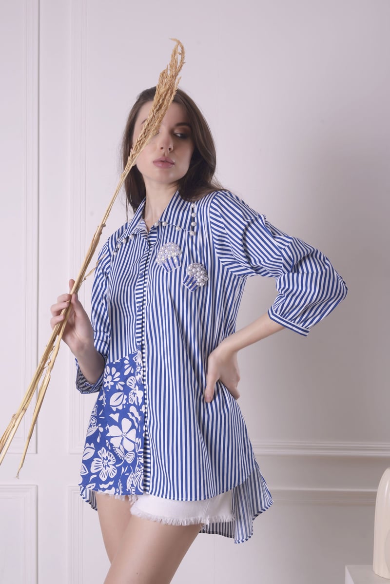Blue and White Striped Longline Shirt with Print-Mix Panel