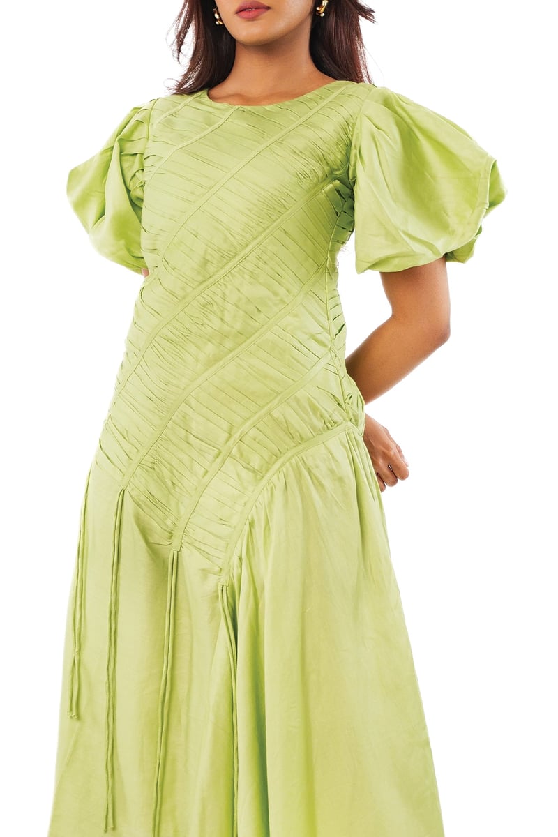 Green Cotton Satin Pleated Bodice Puff Sleeve Midi Dress