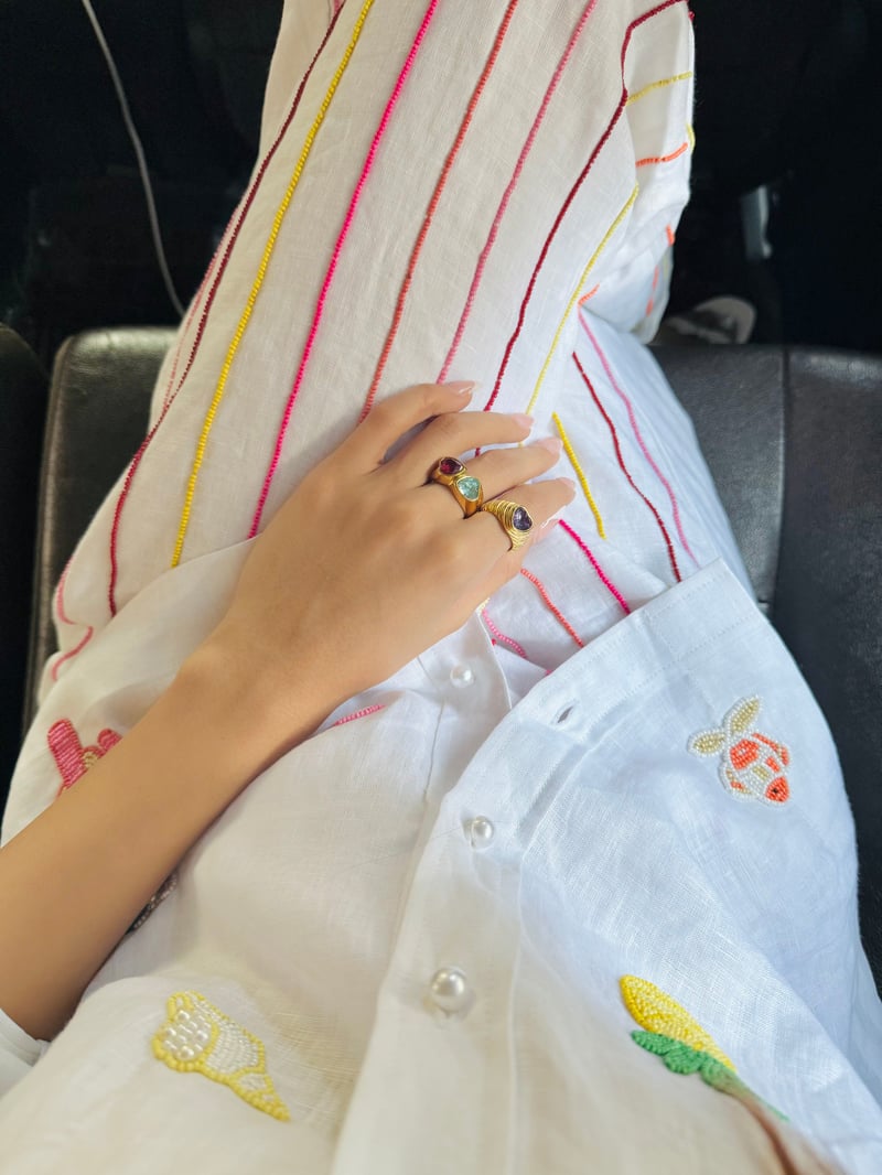 White Linen Straight-Leg Trousers with Beaded Stripes