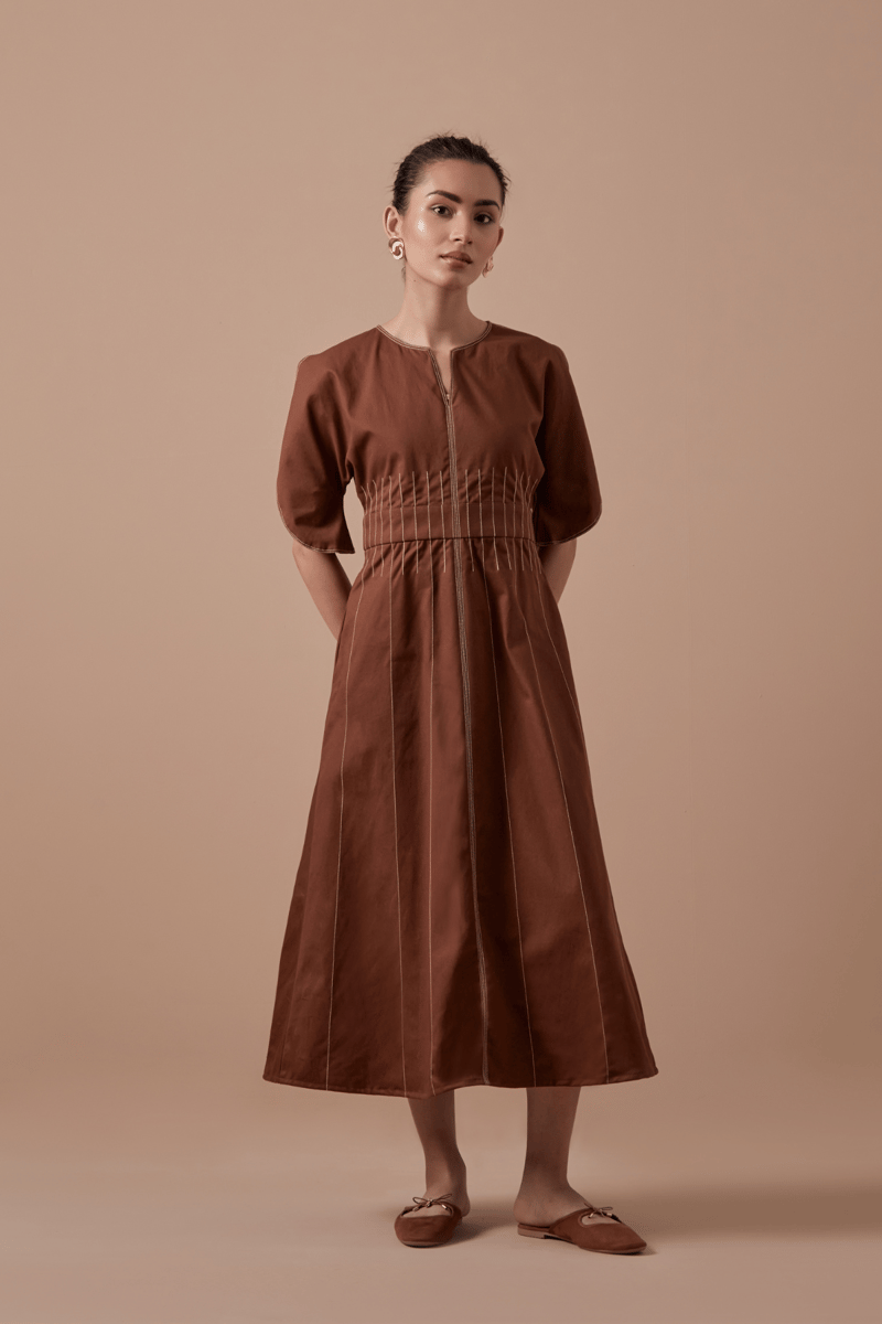 Brown Organic Cotton Twill A-Line Midi Dress