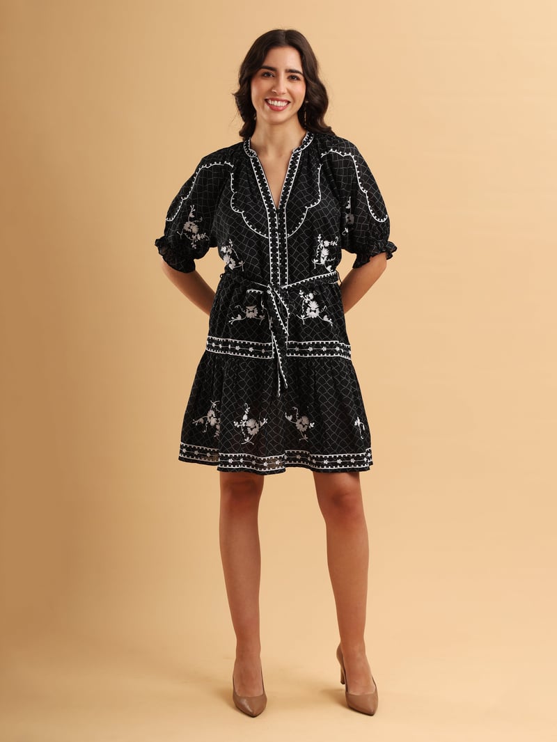 Black Embroidered Tiered Mini Dress with Waist Tie — ANISETTE