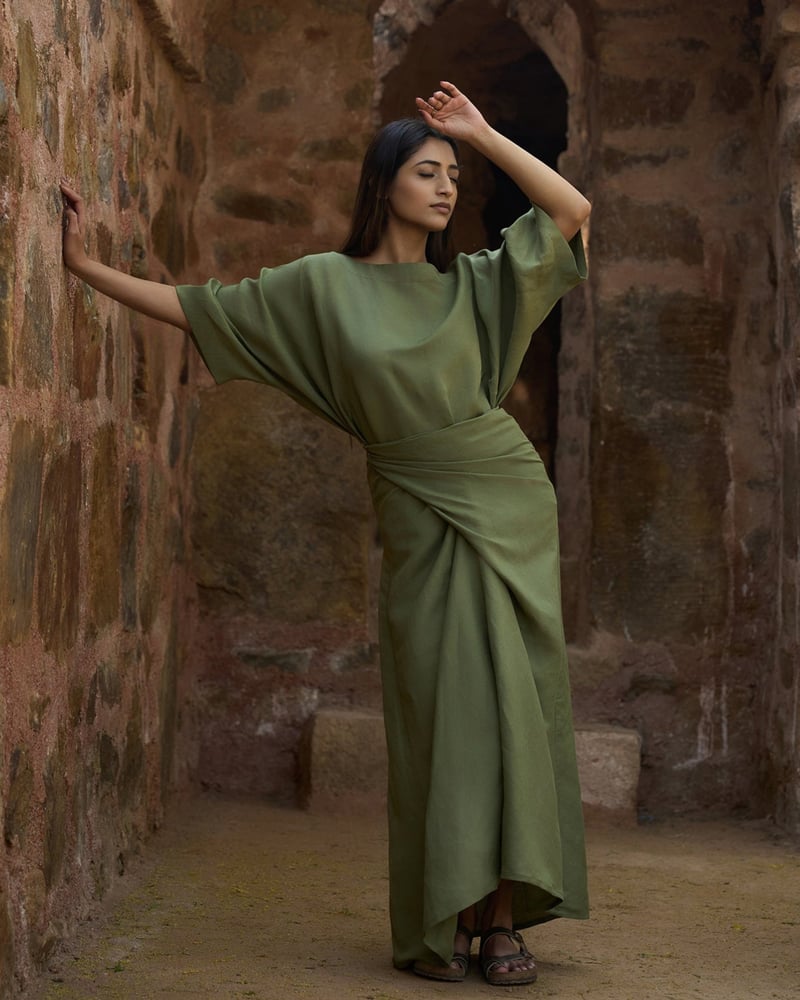 Olive Green Swing Top and Wrap Maxi Skirt Co-ord Set
