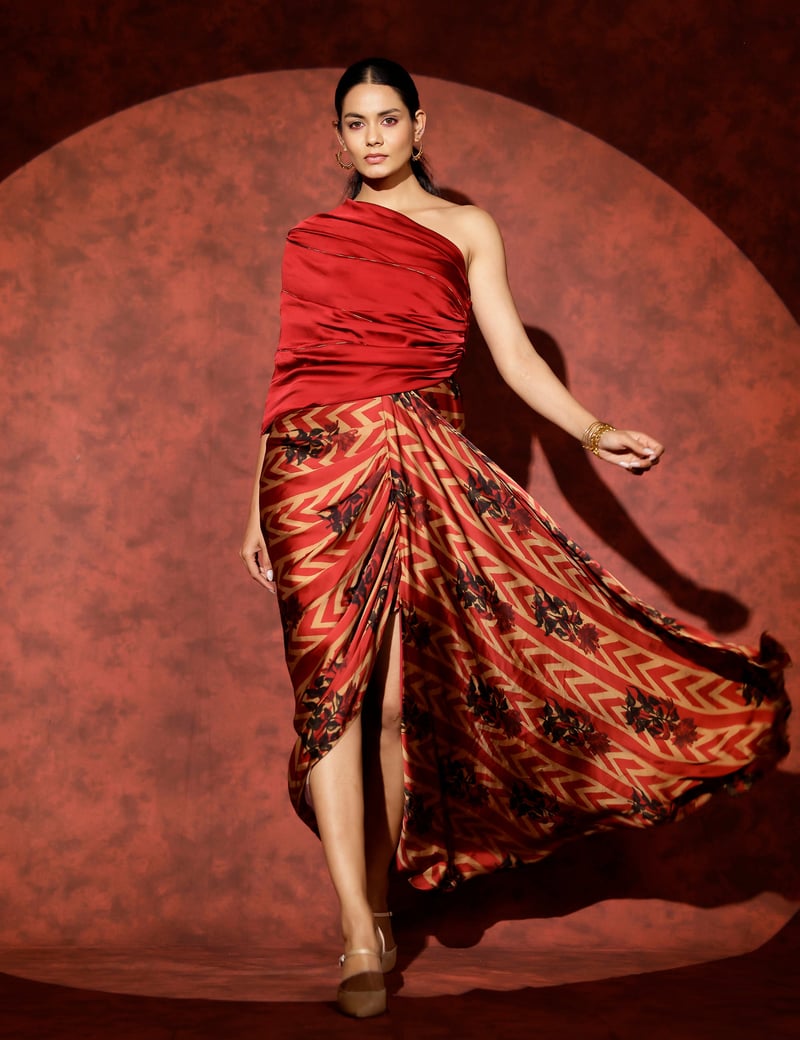 Red One-Shoulder Printed Maxi Gown with Slit