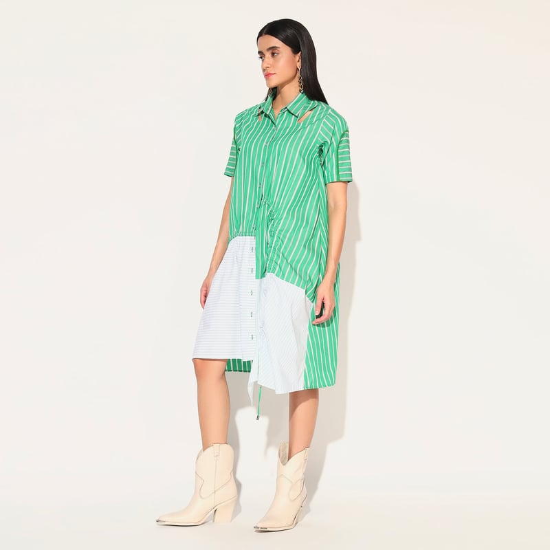 Green Striped Colorblock Cotton Shirtdress