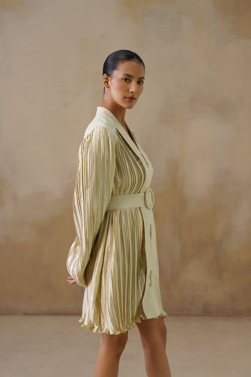 Champagne Gold Pleated Mini Dress with Belt