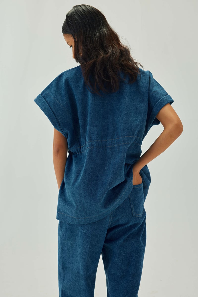 Oversized Sleeveless Blue Denim Jacket with Drawstring Waist