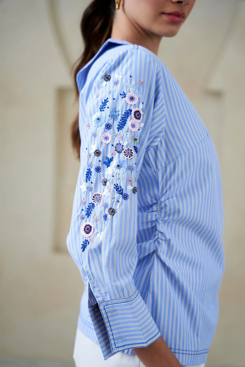Blue One-Shoulder Striped Cotton Top with Sequin Sleeve