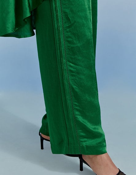 Forest Green Linen Satin Embroidered Top and Trouser Co-ord Set