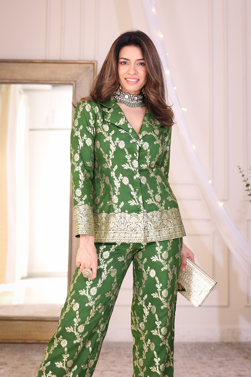 Green Brocade Floral Co-ord Set with Gold Border — Design By Queen Bee
