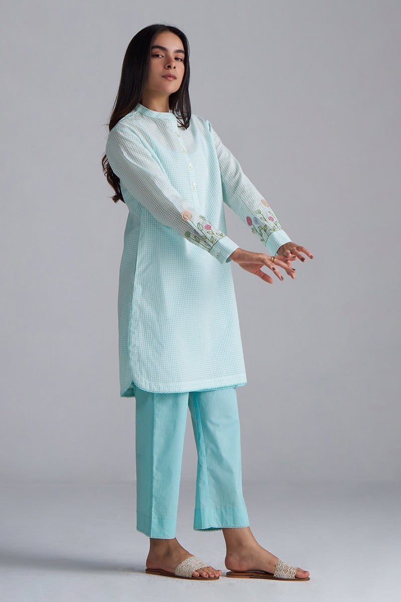 Eggshell Blue Mini-Check Cotton Co-ord Set with Slip