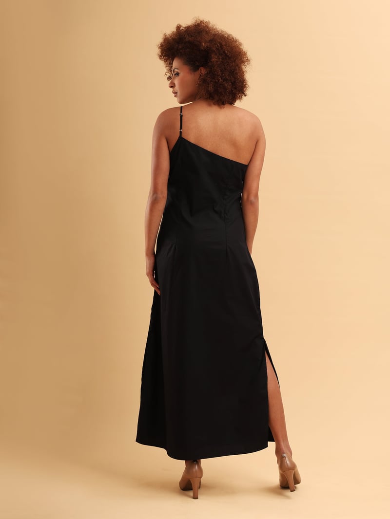 Black One-Shoulder Maxi Dress with Embroidered Panel