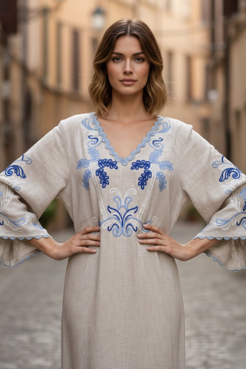 Cream Linen Embroidered Maxi Kaftan