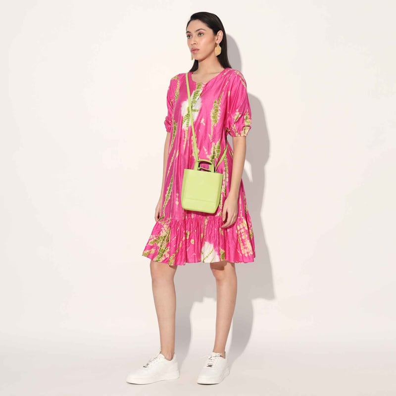 Pink Tie-Dye Tiered Knee-Length Dress