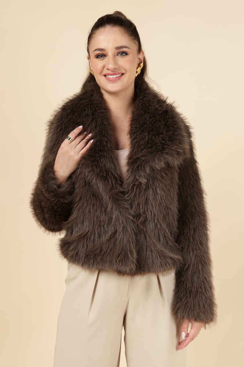 Brown Cropped Faux-Fur Jacket with Lapel Collar