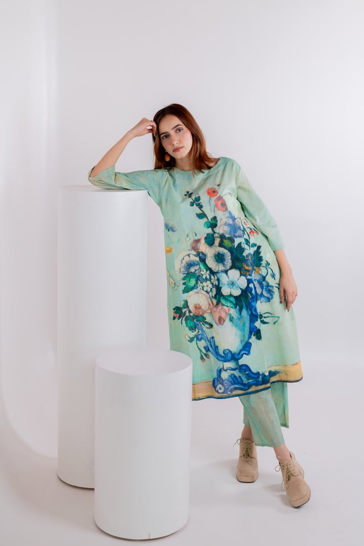 Aqua Green Printed A-Line Kurta and Pant Set