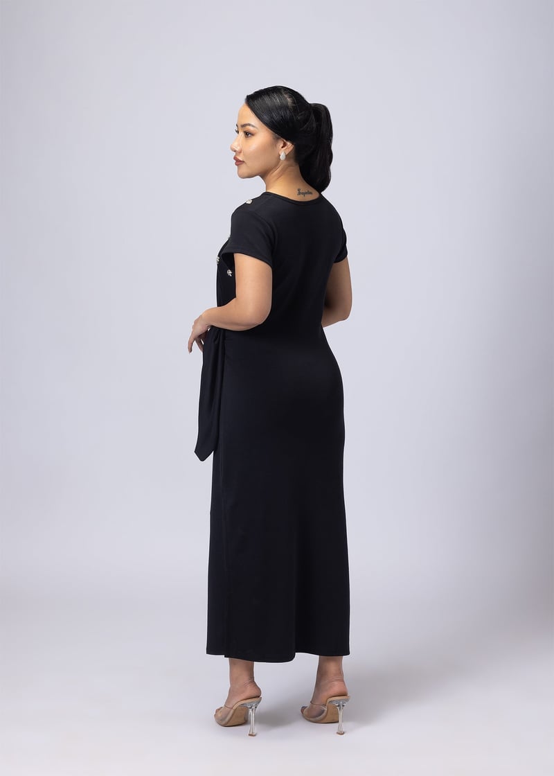 Black Maxi Drape-Knot Dress with Rhinestone Neck Detail
