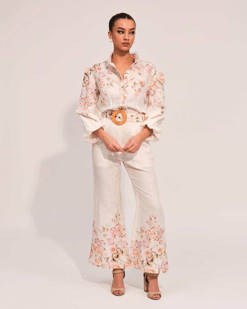 Apricot Floral Linen Shirt and Wide-Leg Pants Co-ord Set