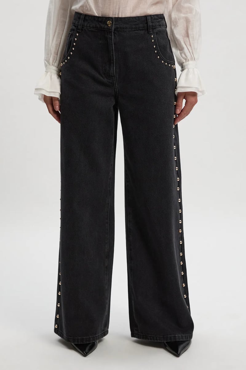 Black Wide-Leg Studded Denim Trousers