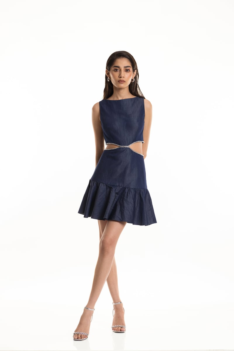 Denim Blue Cutout Waist Fit and Flare Mini Dress