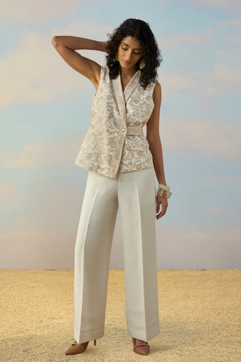 Linen Embroidered Waistcoat & Straight-Cut Pant Set