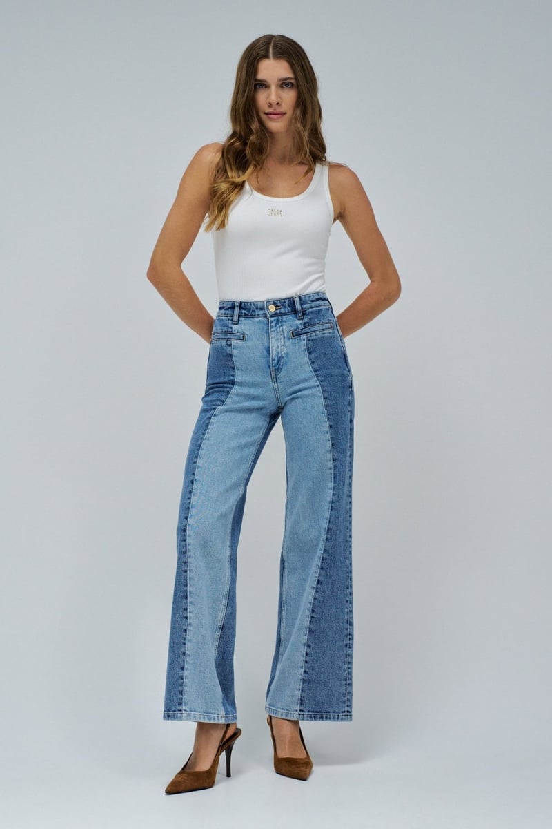 Blue High-Waist Two-Tone Wide-Leg Jeans