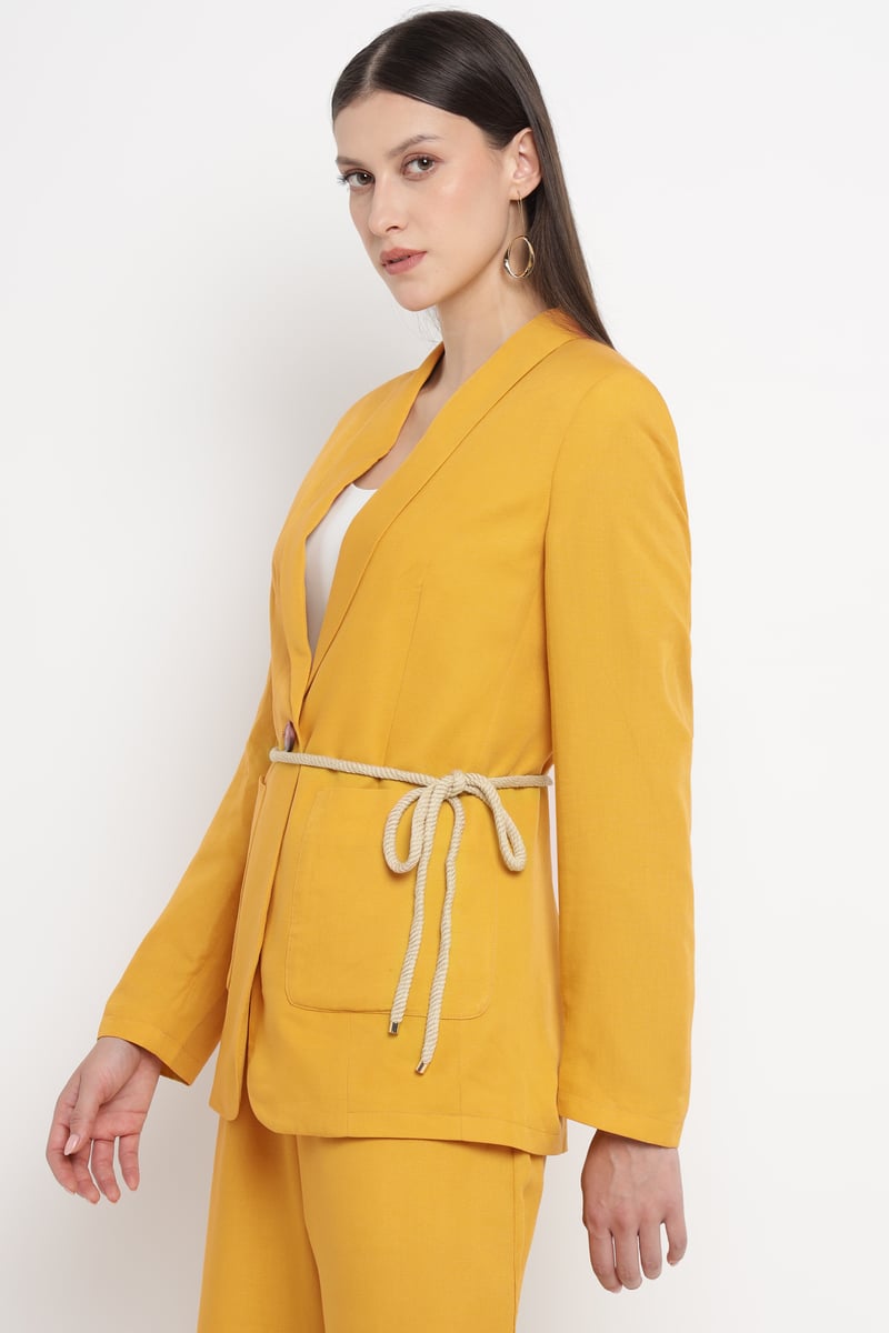 Yellow Single-Button Belted Tailored Blazer