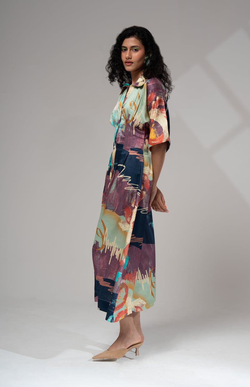 Multicolour Abstract Print Button-Down Midi Shirt Dress