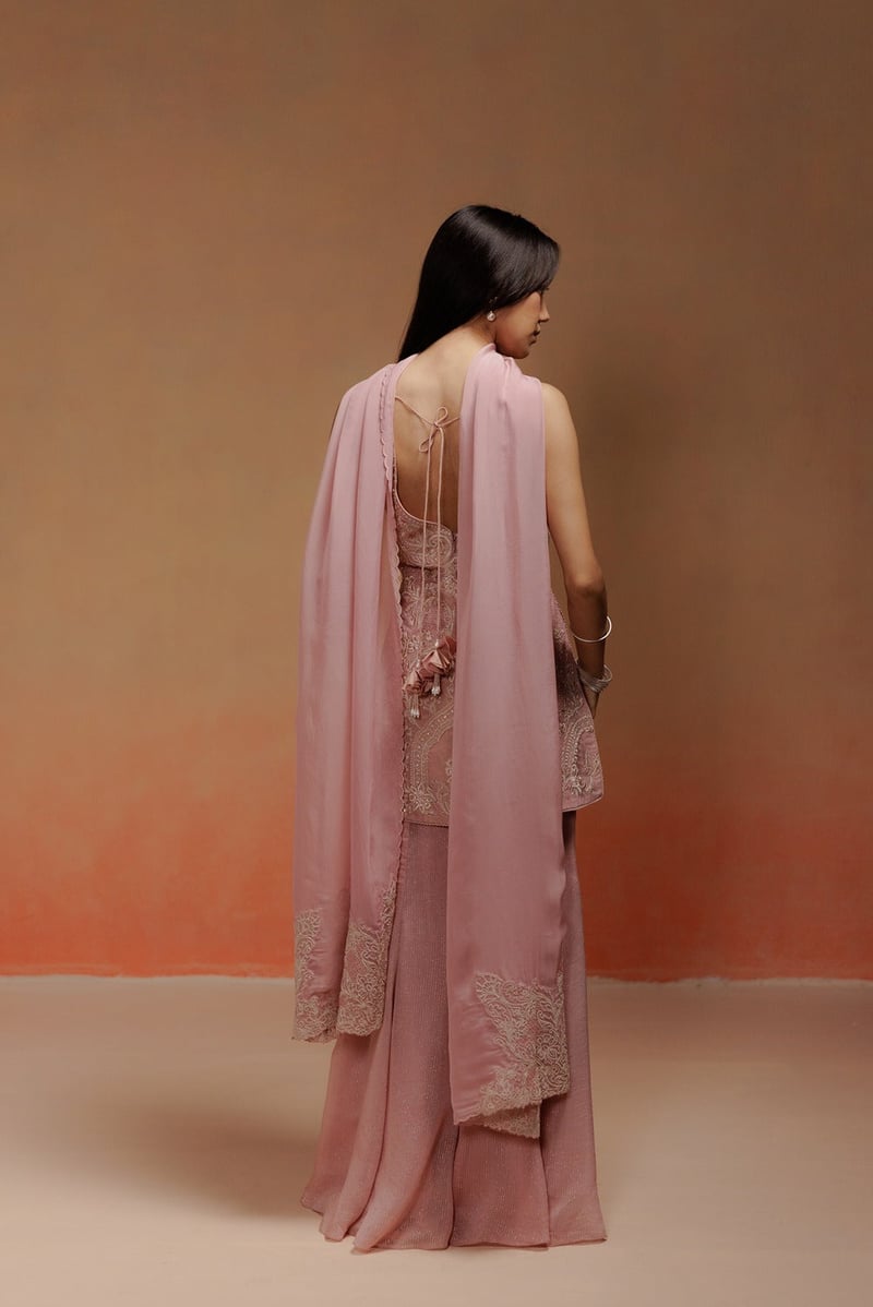 Pink Organza Tissue Embroidered Kurta Sharara Set