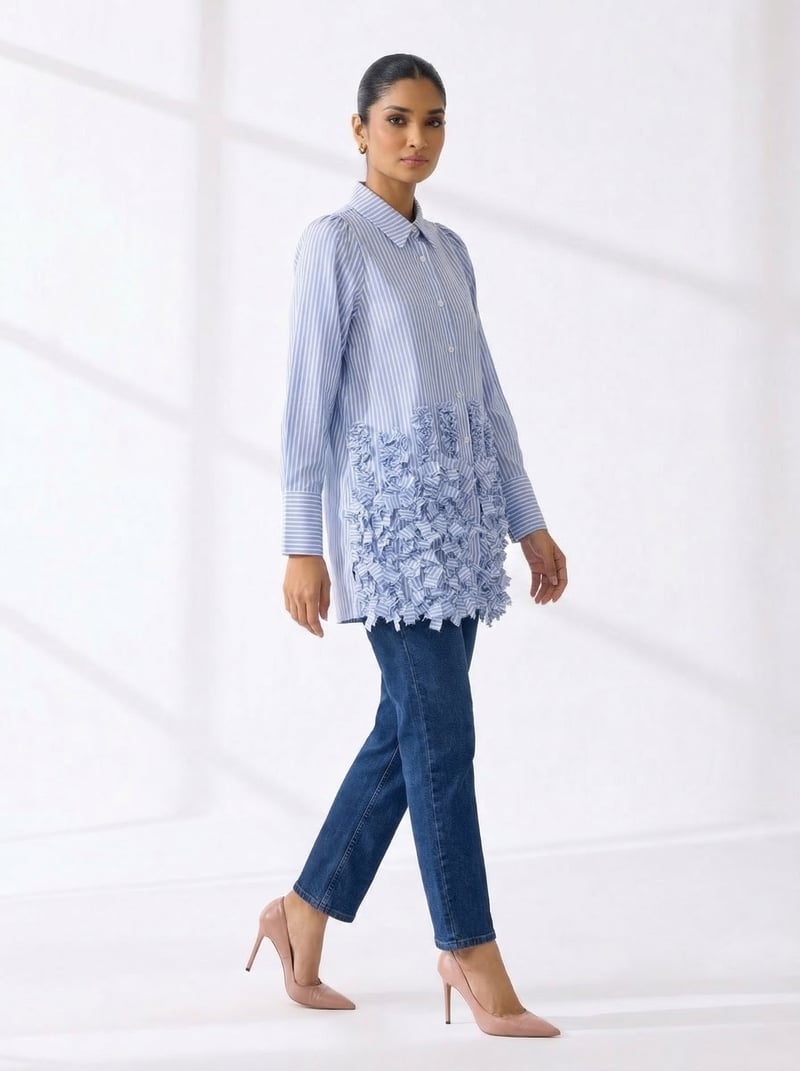 Blue Striped Longline Shirt with 3D Ruffle Hem