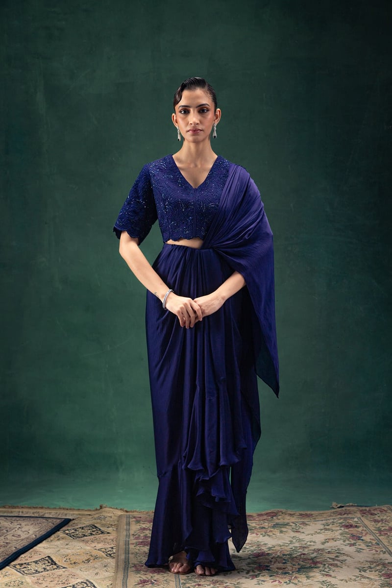Navy Blue Draped Saree Set with Embroidered Blouse — LABEL NAARITI