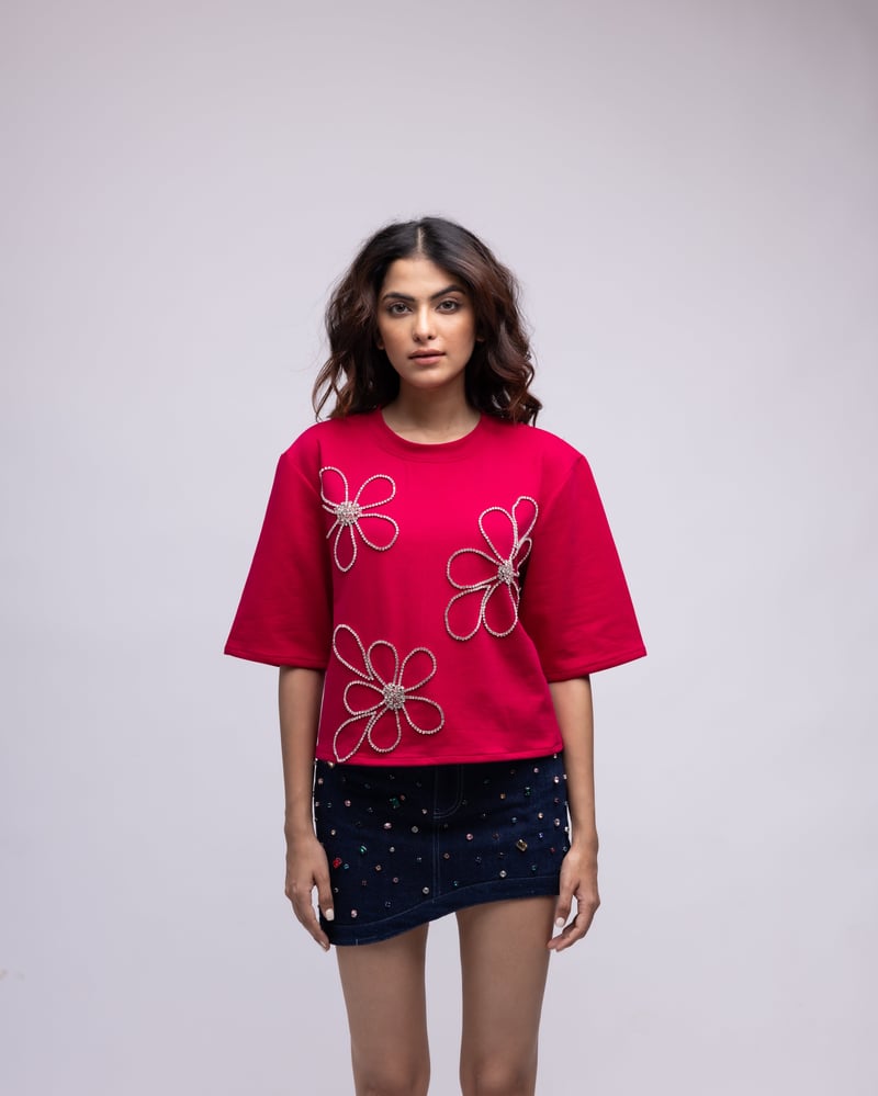 Raspberry Pink Backless Rhinestone Floral T-Shirt