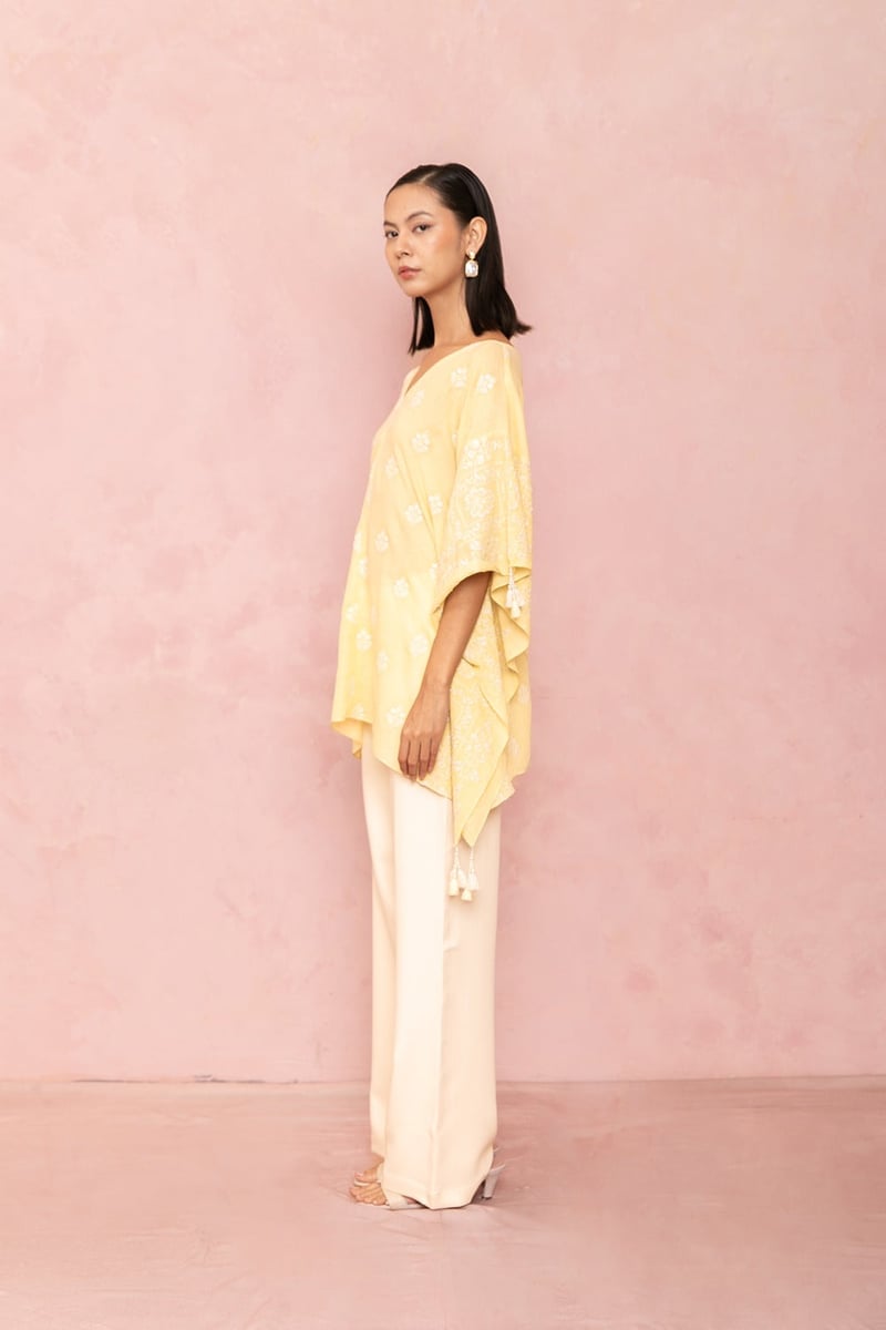Lemon Yellow Linen Embroidered V-Neck Kaftan Top