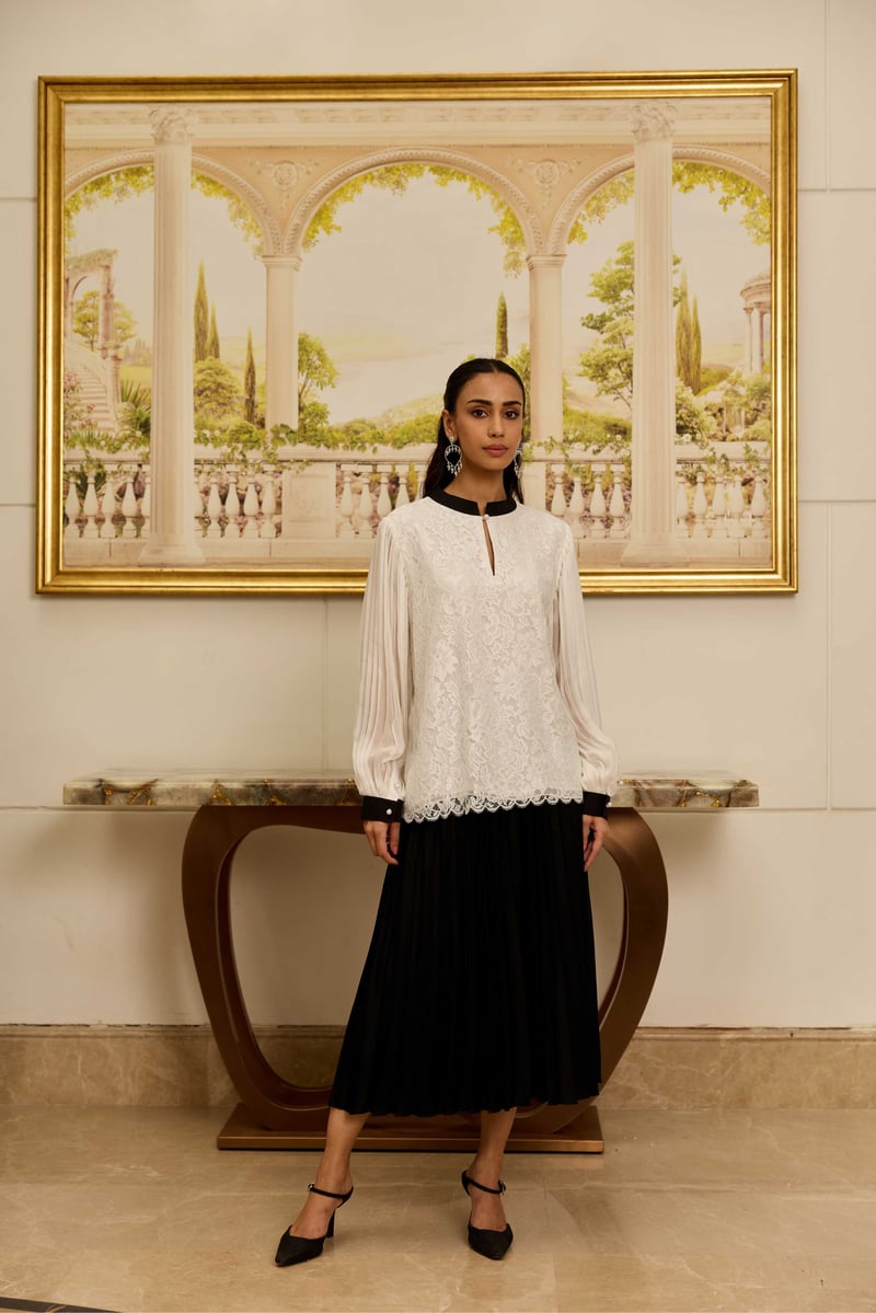 Celestia White French Lace Chiffon Blouse