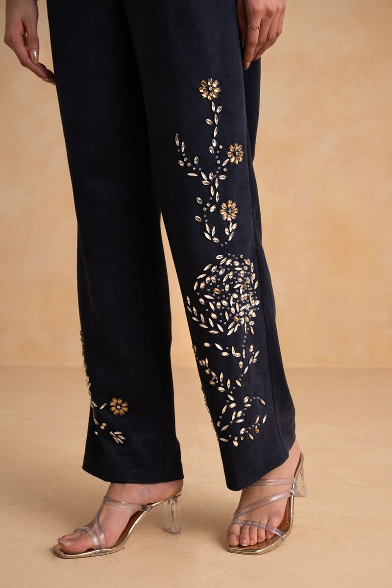 Night Blue Suede Embellished Jacket and Pant Co-ord Set