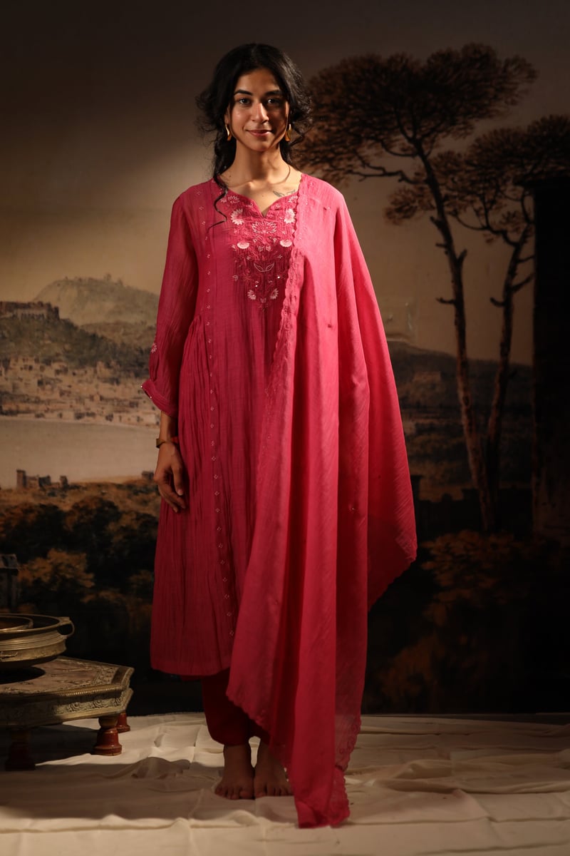 Hot Pink Embroidered Yoke Kurta Set with Pants and Slip