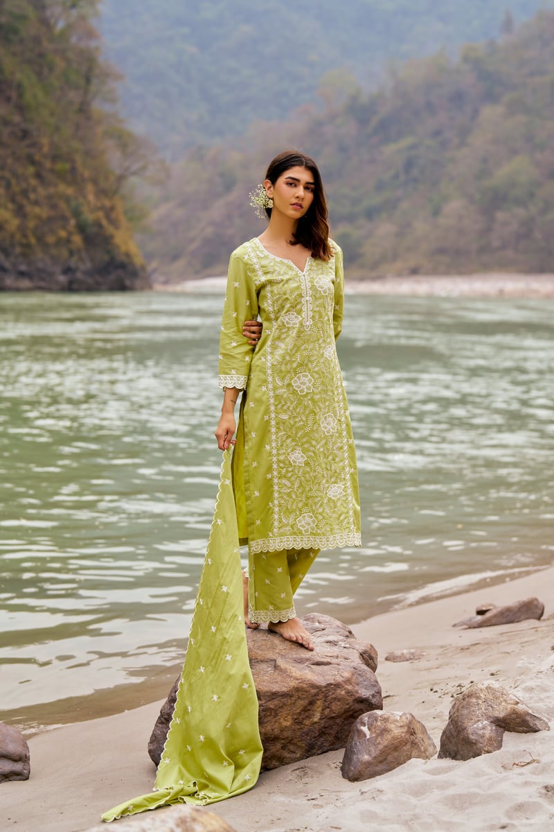 Green Cotton Embroidered Straight Kurta Set With Dupatta