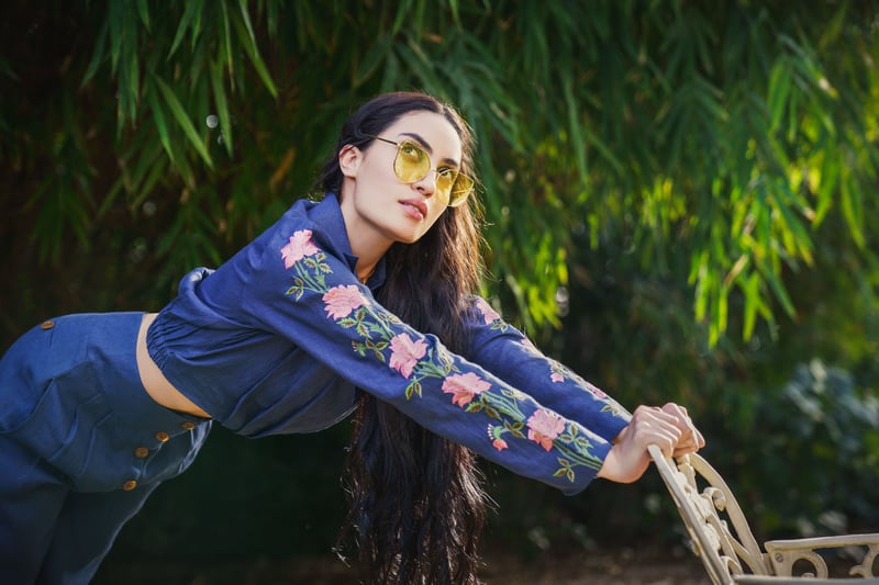 Navy Blue Cropped Linen Shirt with Embroidered Sleeves