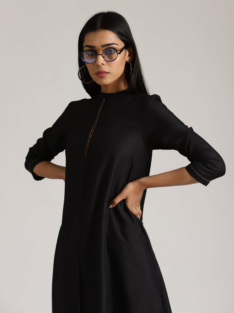Black Cotton Linen Flared Kurta Pant Set