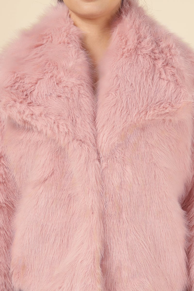 Pink Cropped Faux-Fur Jacket with Lapel Collar