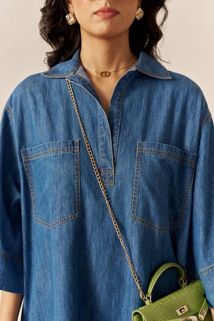 Blue Cotton Slub Denim Relaxed Mini Shirt Dress