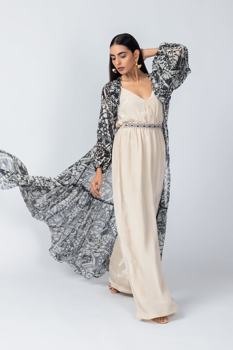 Champagne Jumpsuit with Abstract Printed Long Jacket