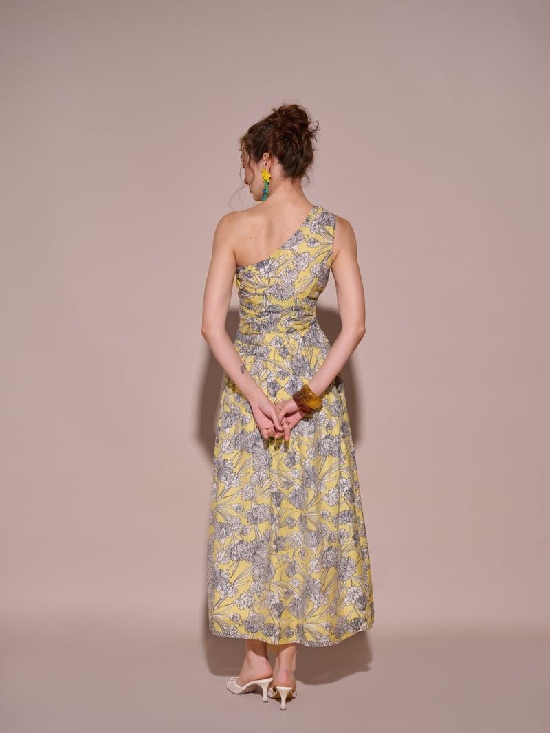 Yellow One-Shoulder Floral Printed Midi Dress with Slit
