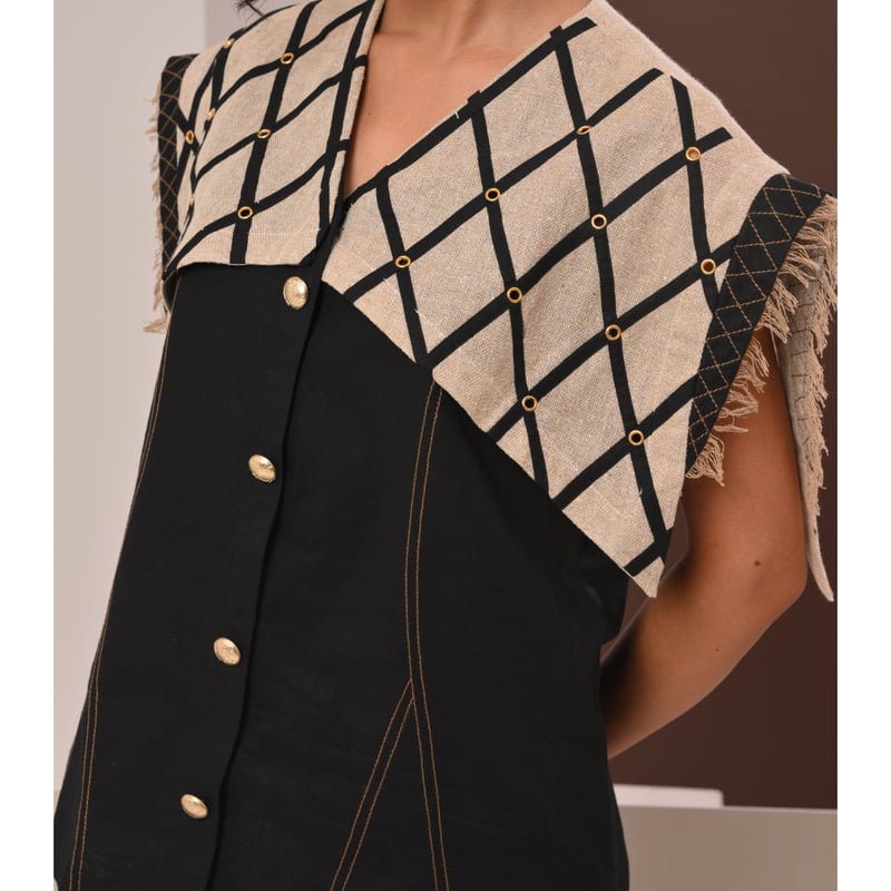 Black and Beige Geometric Cape Overlay Button-Front Top