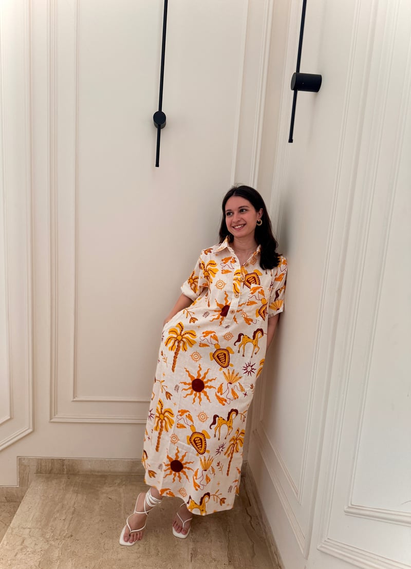 White/Yellow Graphic Print Kaftan Maxi Dress